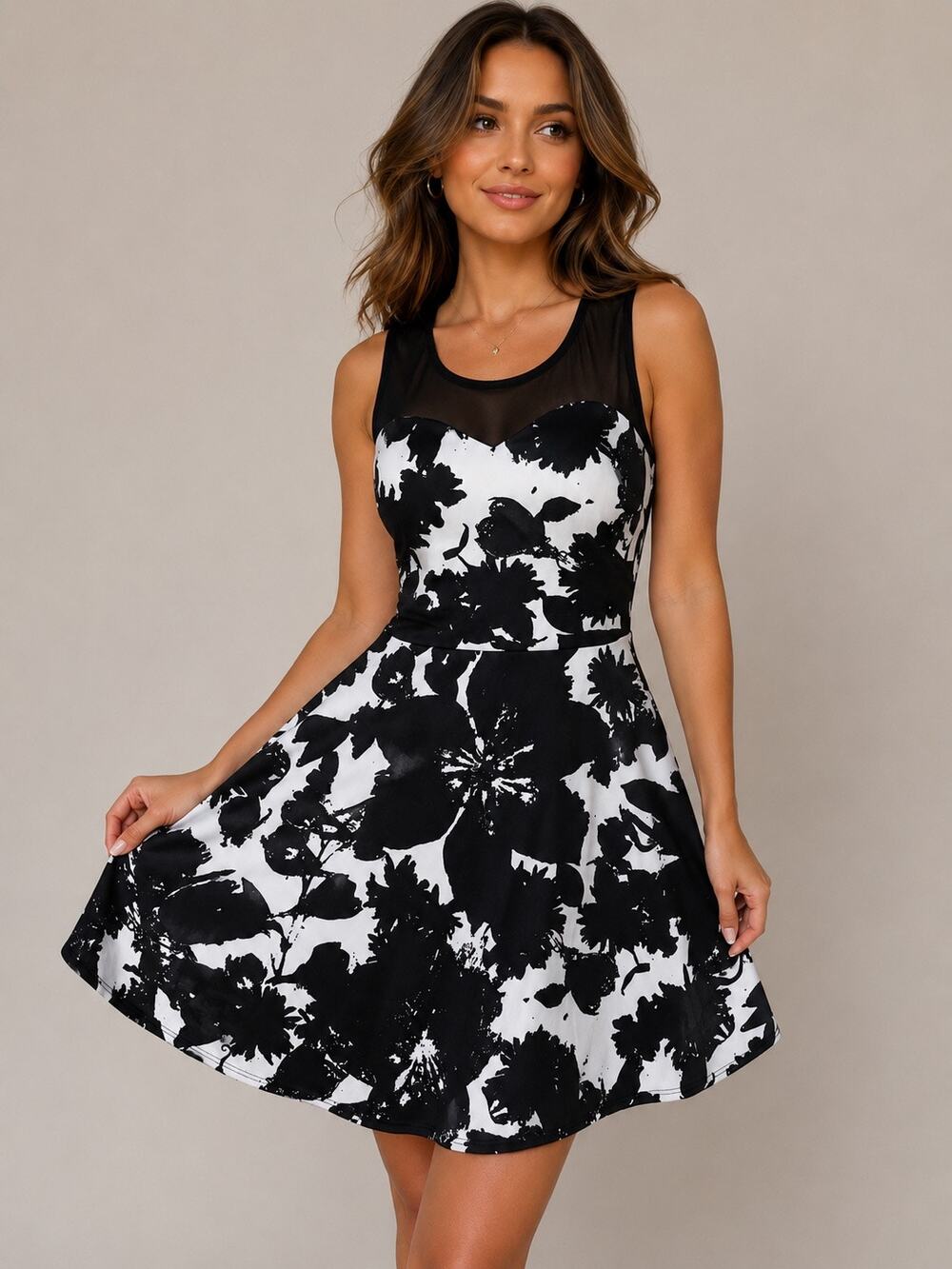 Romeo & Juliet Couture Black White Floral Mesh Skater Dress Small Made in USA